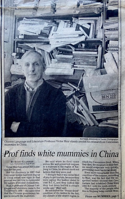 Newspaper clipping: Prof finds white mummies in China