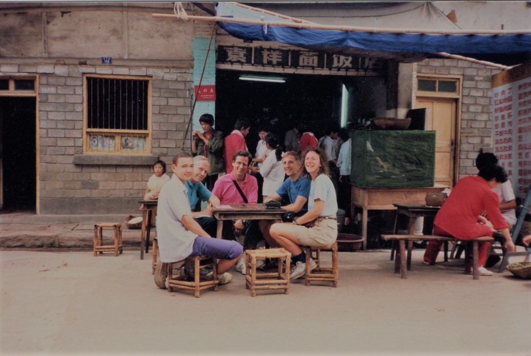 Thomas, Heidi and Victor in Leshan with colleague John Lagerway and his friend Yves Camus, 1987