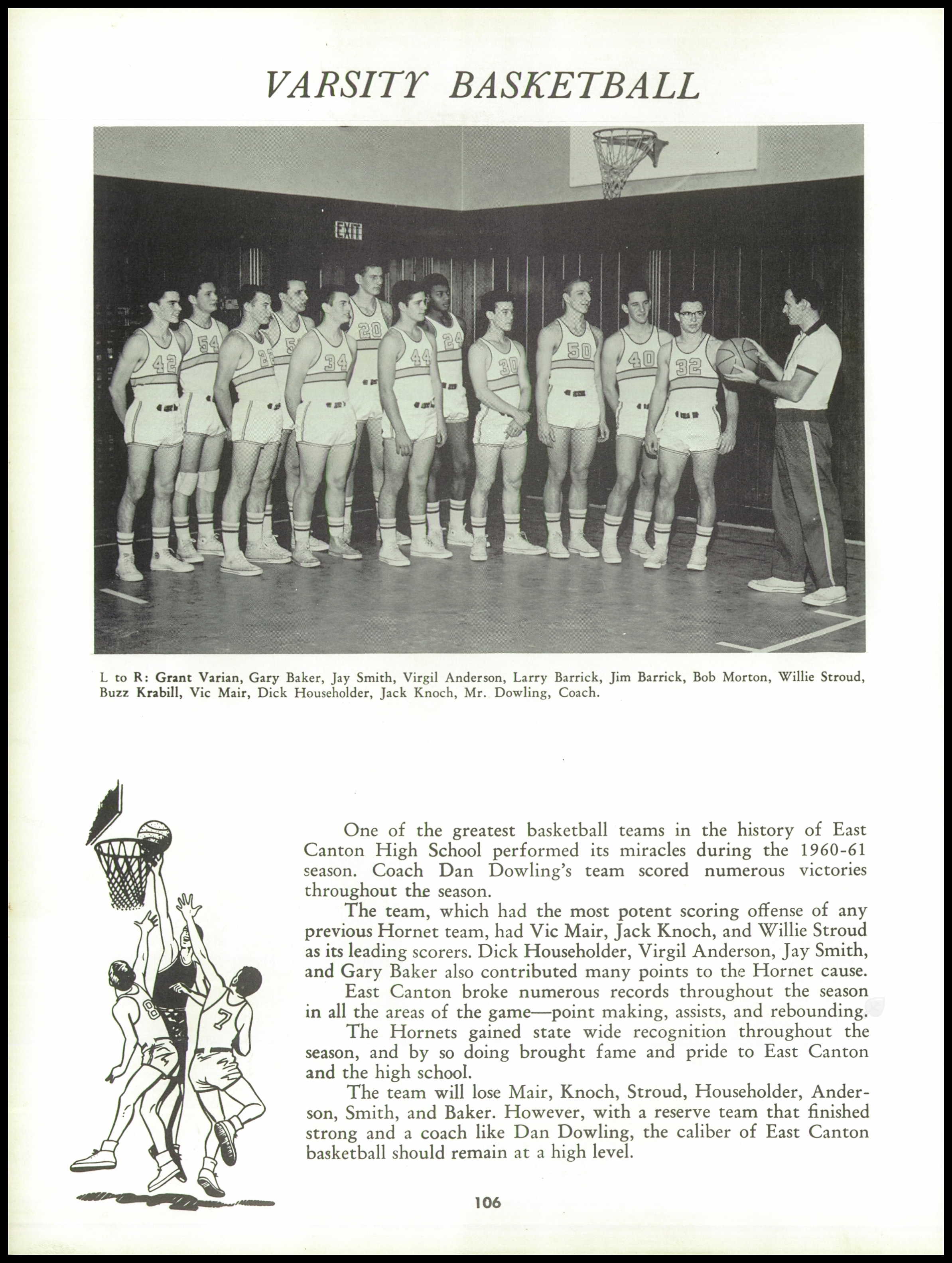 1961 varsity basketball yearbook page